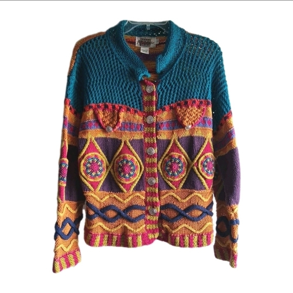 Vintage Hand Knit Multicolor Patchwork Knit Cardi Sweater 80s 90s Y2ak BOHO